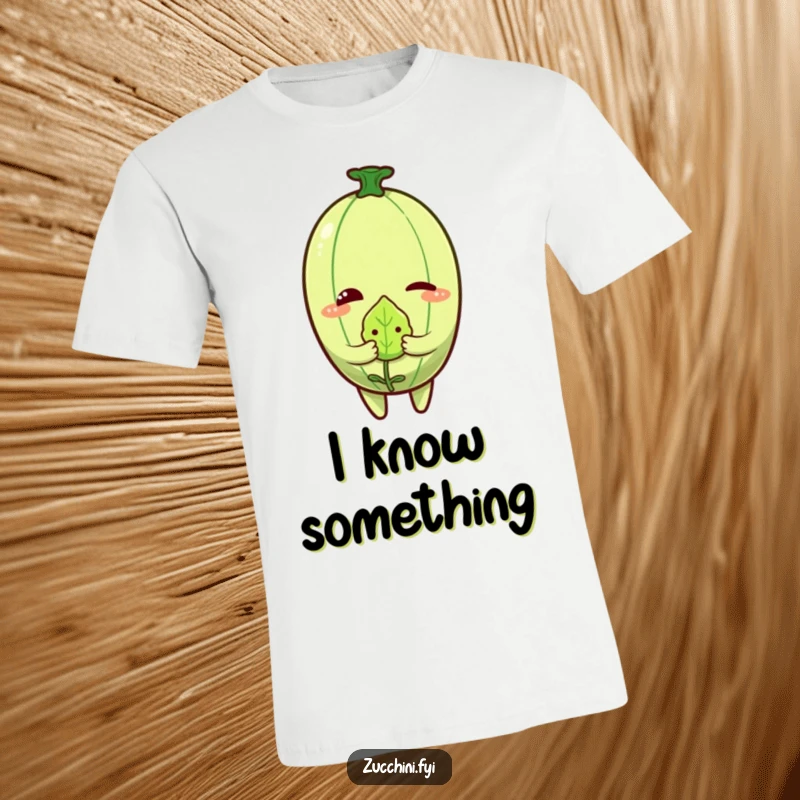 Funny Zucchini Wink T-Shirt depicting a zucchini character playfully winking, holding a tiny, embarrassed leaf.