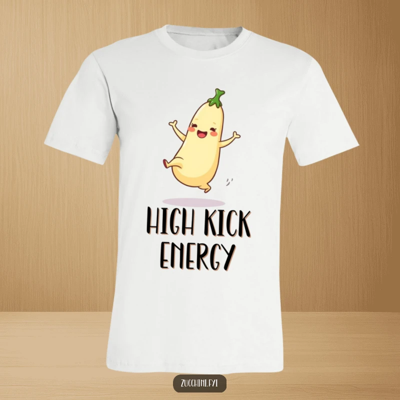 Funny T-Shirt depicting a dancing zucchini enthusiastically performing a high kick with joyful energy.
