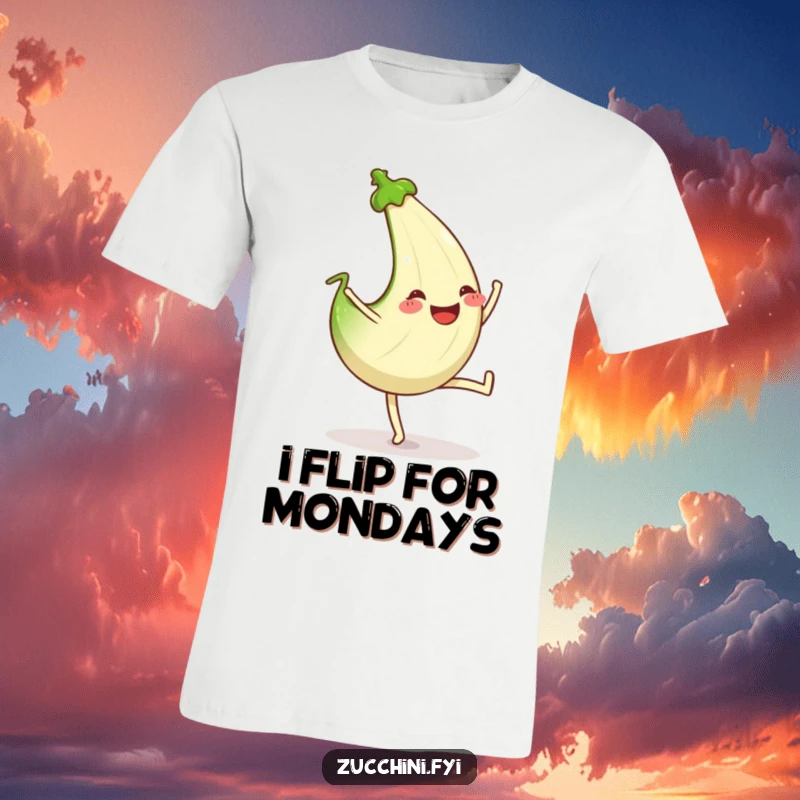 Funny t-shirt showing a zucchini mid-cartwheel, sporting a wide, genuinely happy grin.