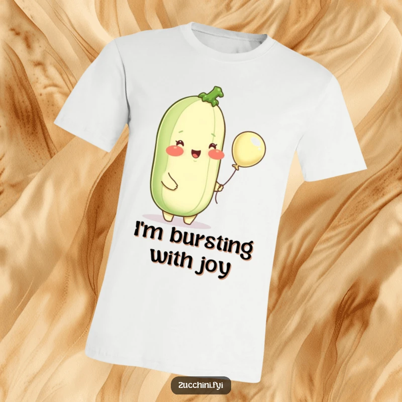 Funny t-shirt showcasing a delighted zucchini with rosy cheeks, holding a small balloon, a symbol of pure vegetable happiness.