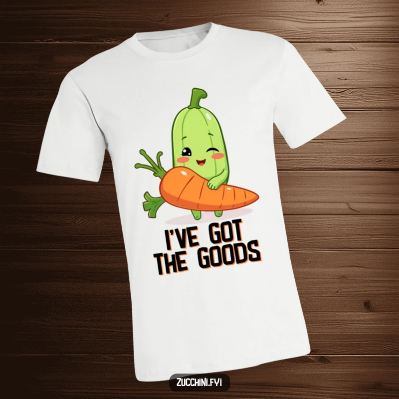 Funny t-shirt featuring a winking zucchini holding a comically large carrot, a humorous graphic for veggie fans.