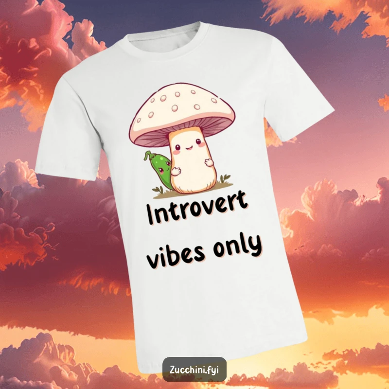 Funny t-shirt showcasing a bashful zucchini hiding behind a large, beaming mushroom, creating a humorous and endearing scene.