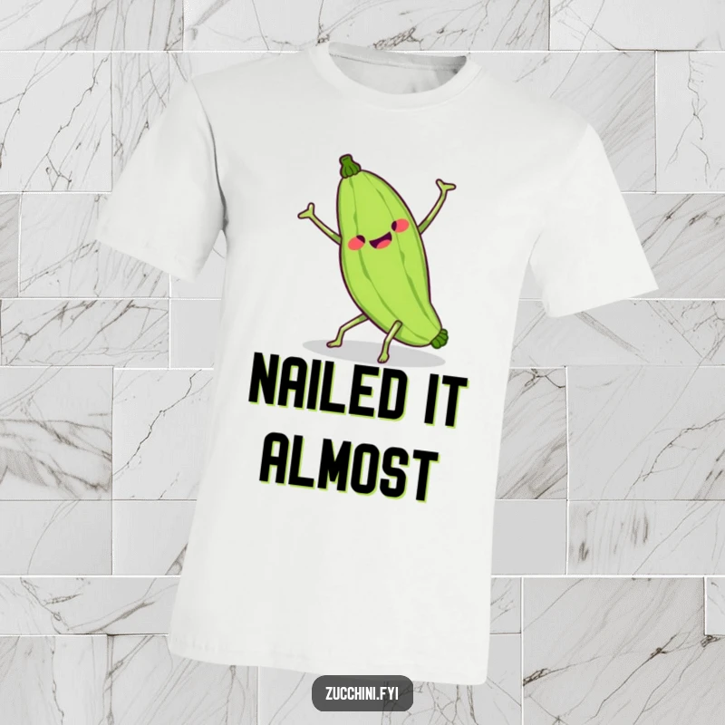 Funny kawaii zucchini attempting a cartwheel, its green limbs wobbling comically in a clumsy yet endearing display.