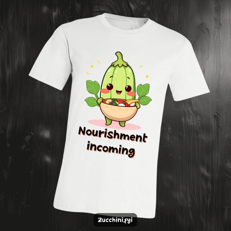 Funny cheerful zucchini t-shirt featuring a smiling vegetable offering a steaming bowl, radiating kindness and warmth.