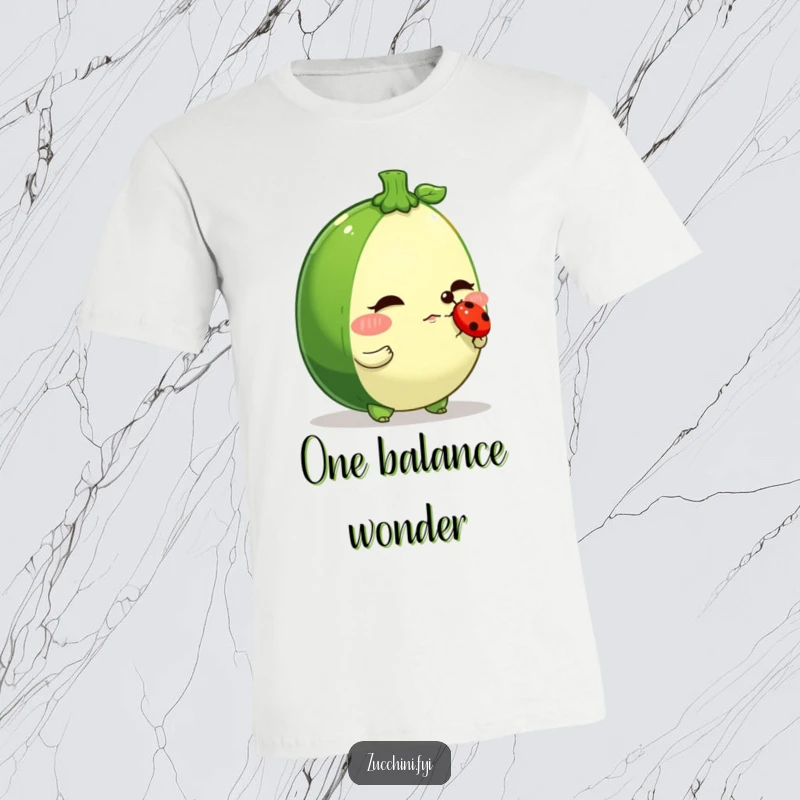 Funny zucchini t-shirt, a determined veggie character balancing a ladybug on its nose, humorous and focused apparel.