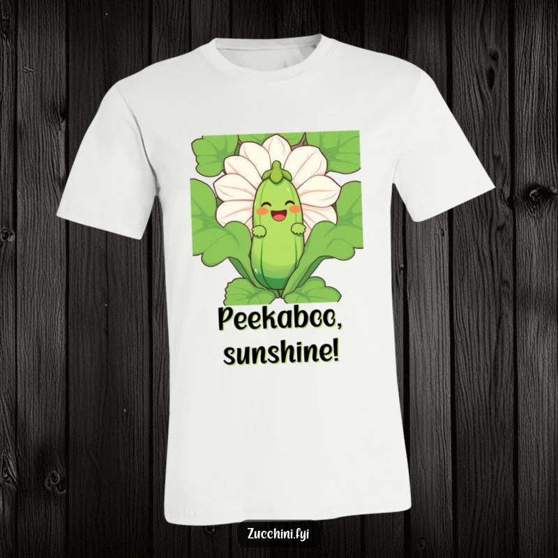 Funny Zucchini Laugh T-Shirt depicting a laughing zucchini character playfully peeking from behind a large zucchini blossom.