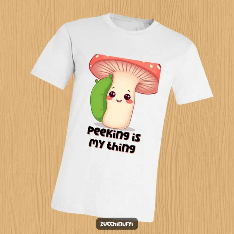 Funny curious zucchini t-shirt with a zucchini peeking behind a smiling mushroom, perfect for garden enthusiasts with a sense of humor.