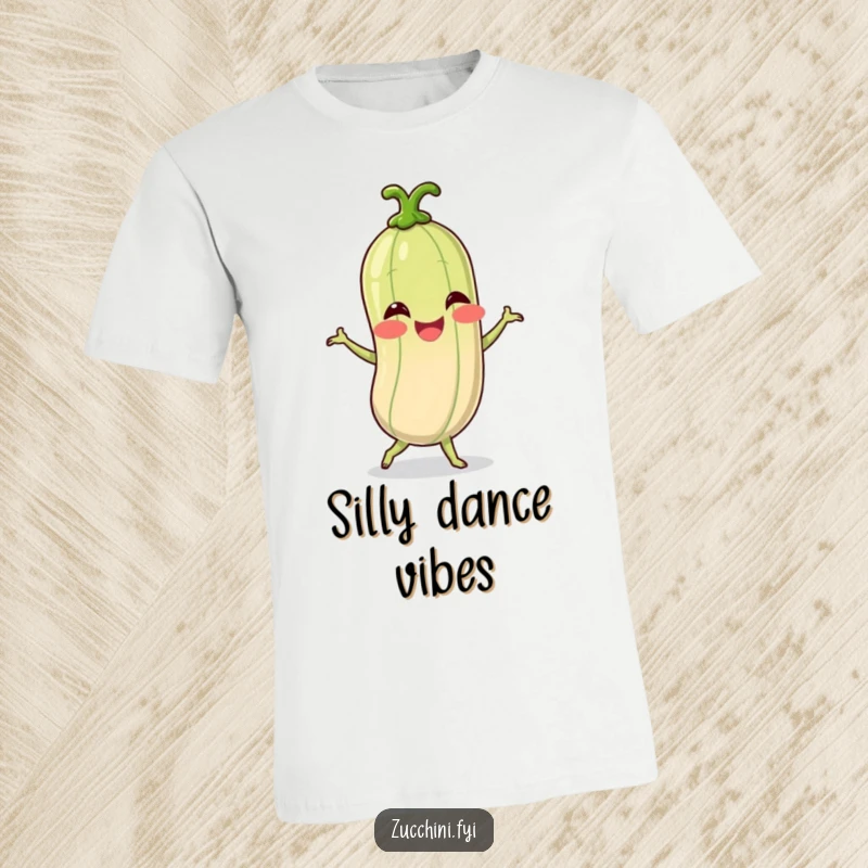 Funny T-shirt depicting a giggling spiralized zucchini character joyfully performing a silly dance, an expression of pure, uninhibited fun.