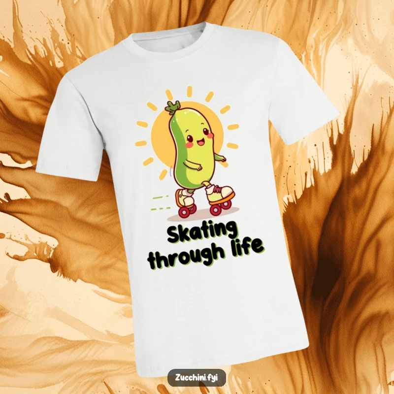 A funny zucchini in roller skates speeds past a cartoon sun on a cool, comfortable t-shirt.
