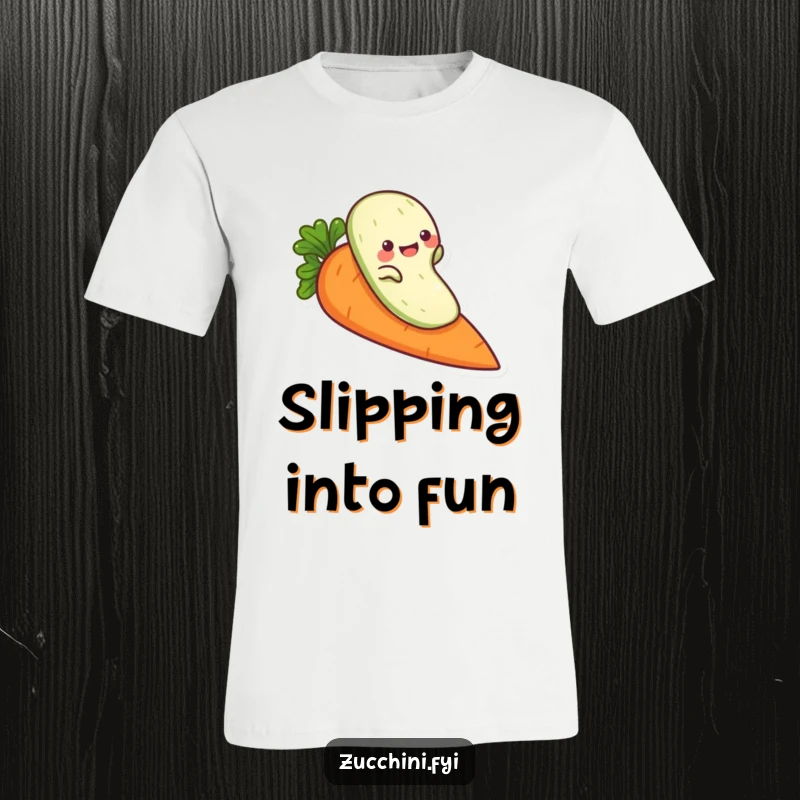 Funny zucchini t-shirt, a playful veggie character sliding down a carrot, colorful and humorous apparel.