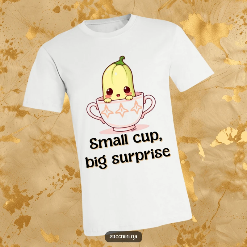 Funny t-shirt with a surprised zucchini emerging from a small teacup, looking wide-eyed.