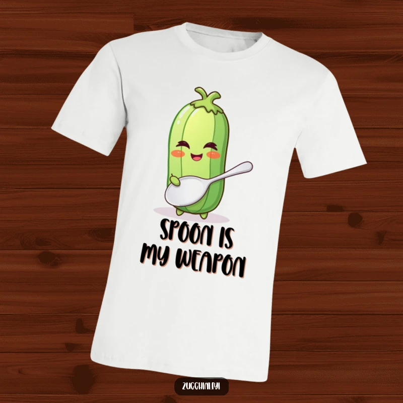 Funny t-shirt with a winking zucchini wielding a comically oversized spoon, perfect for chefs and food lovers.