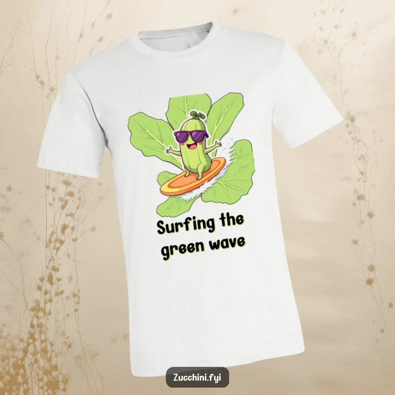 Funny zucchini with sunglasses giggling while surfing on a giant lettuce leaf, a cool t-shirt.