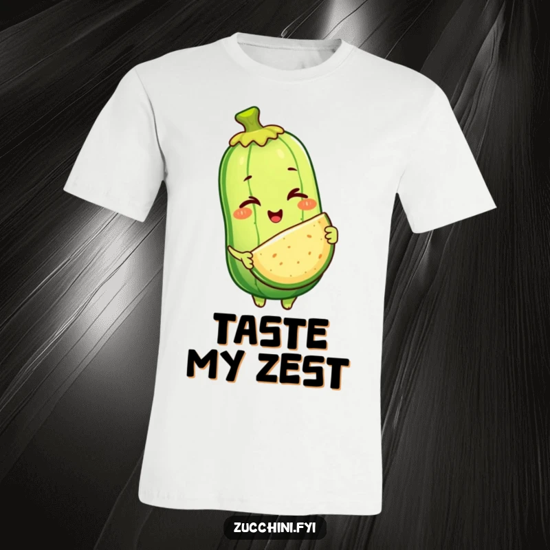 Funny T-shirt depicting a winking anthropomorphic zucchini character offering a slice of itself, symbolizing generosity with a playful and slightly absurd twist.