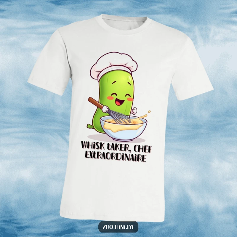 Funny zucchini wearing a chef hat cheerfully whisking batter, representing culinary humor and a great gift idea.