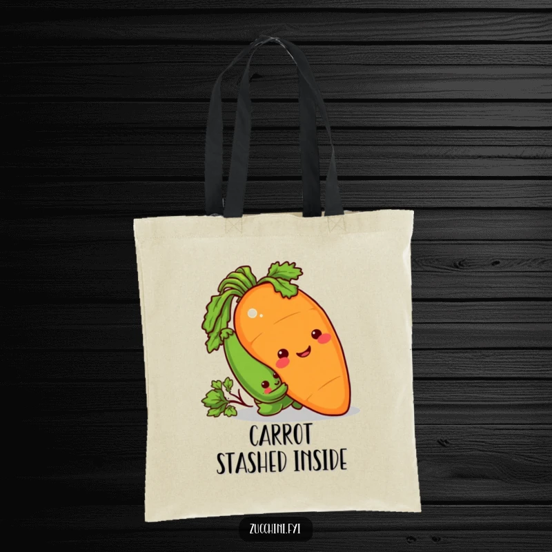 Funny Tote Bag with a sneaky zucchini peeking from behind a giant, smiling carrot, enjoying a playful prank.
