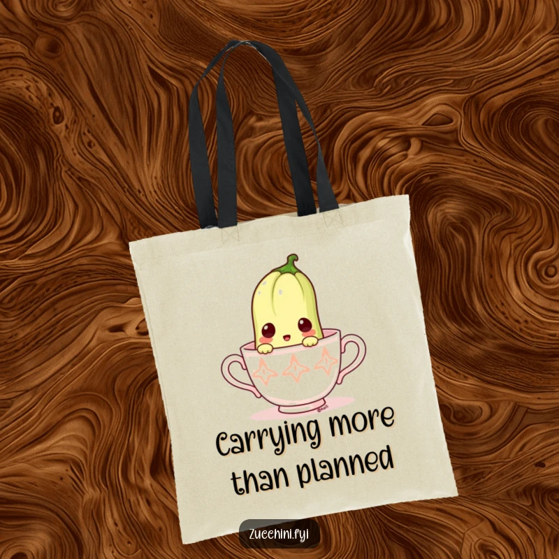 Funny tote bag with a surprised zucchini emerging from a small teacup.