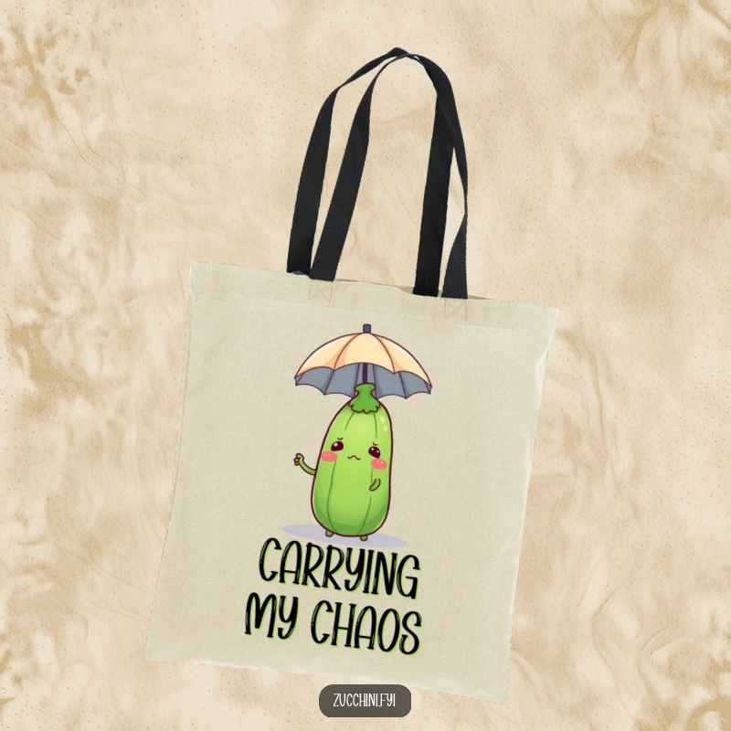 Funny zucchini with a tiny umbrella on its head, looking confused, on a practical and humorous tote bag.