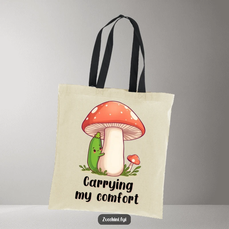 Funny Zucchini Tote Bag featuring a shy cartoon zucchini peeking from behind a large, smiling, friendly mushroom, ideal for carrying items with charm.