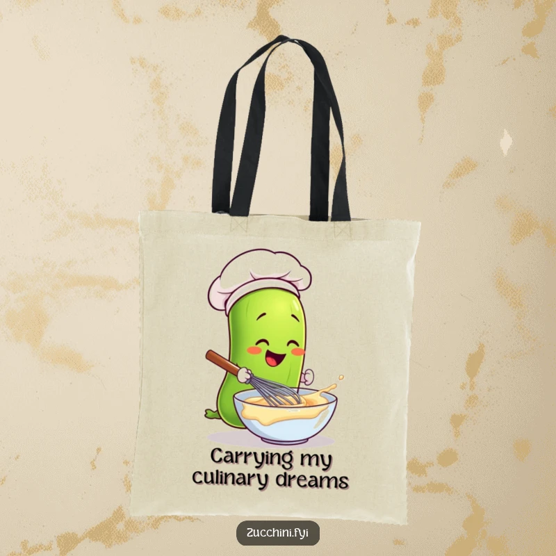 Funny chef zucchini with a hat whisking batter, a humorous grocery tote bag and a great gift.