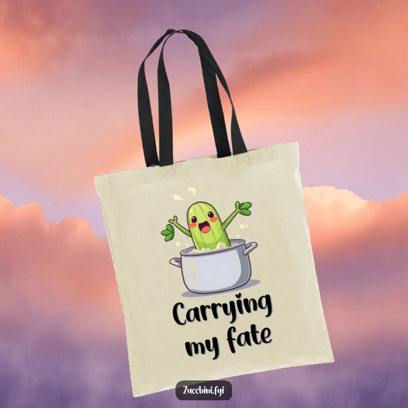 Funny zucchini tote bag: a steaming, excited vegetable jumping into a pot with a splash, a practical and humorous accessory.