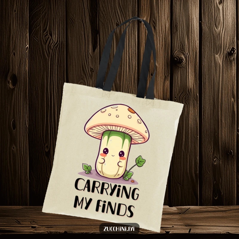 Funny tote bag with a curious anthropomorphic zucchini character peeking from under a mushroom cap, designed for carrying essentials with a hint of hidden fun.