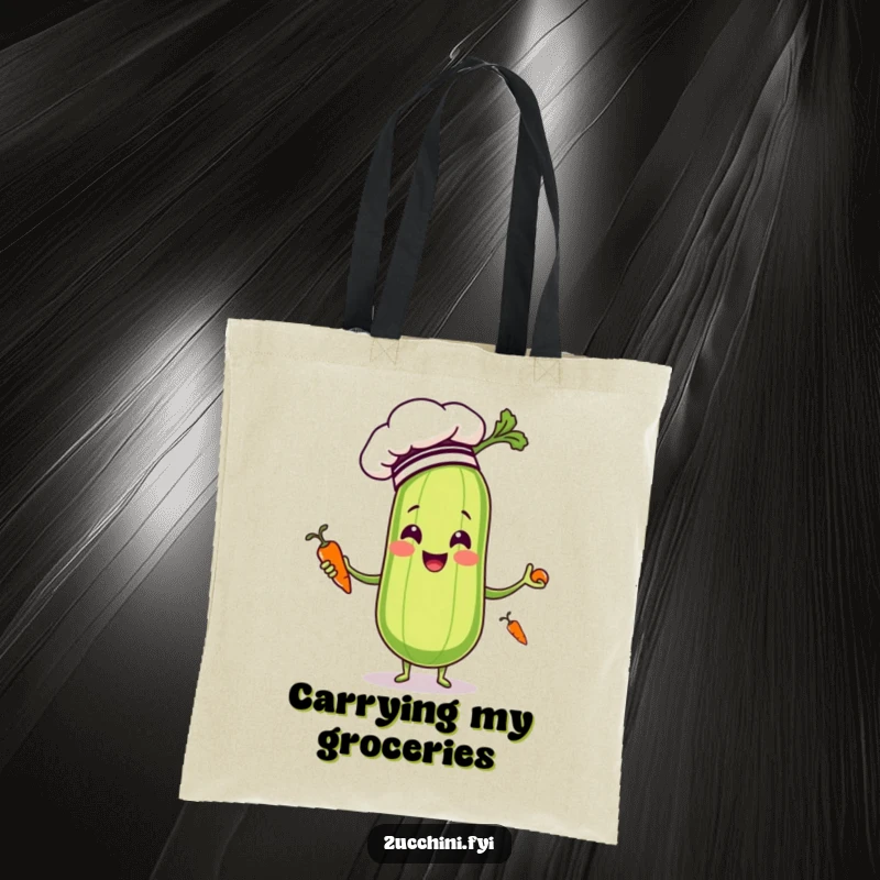 Funny zucchini chef with a hat juggling carrots, illustrated on a durable tote bag, ideal for market trips.