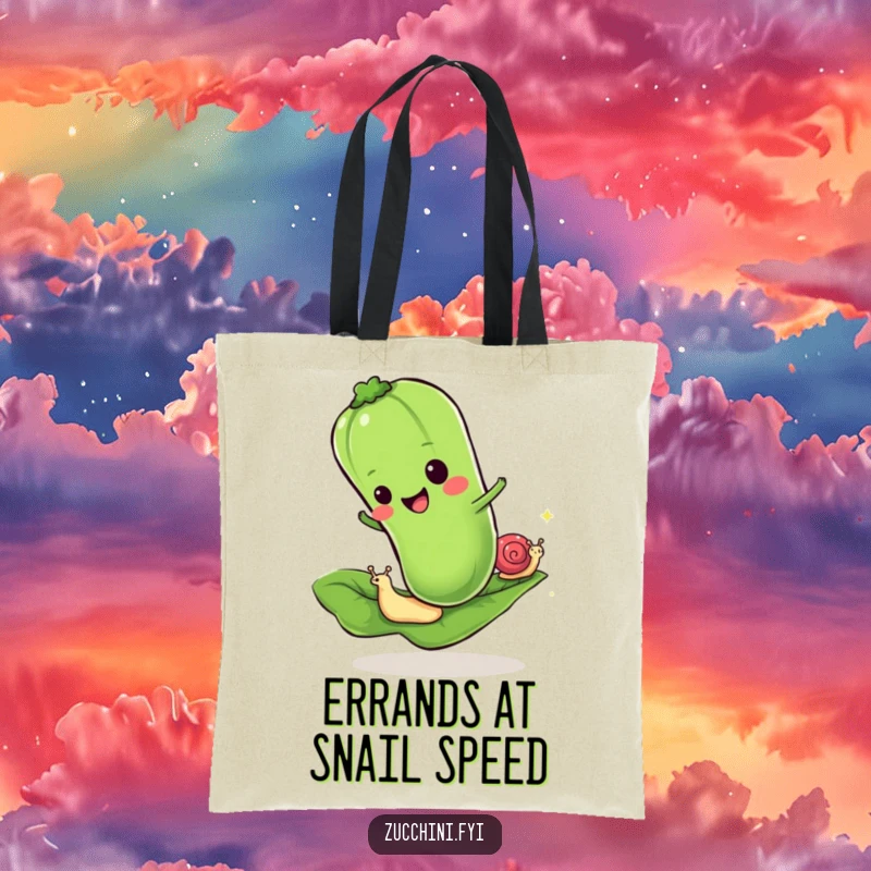 Funny tote bag with a cheerful zucchini racing a tiny snail on a leaf, a humorous and practical companion.