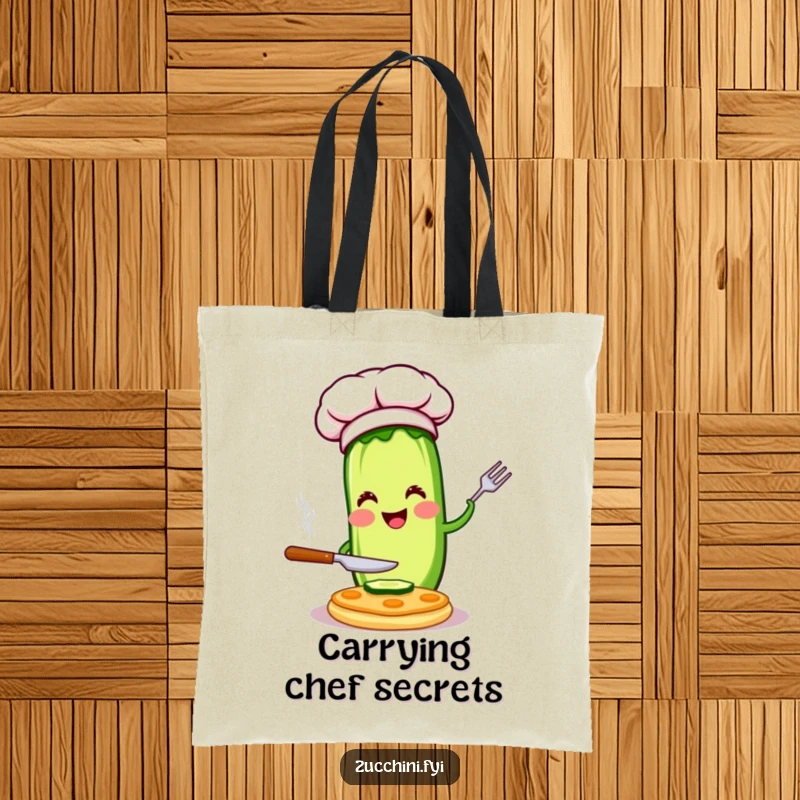 Funny chef zucchini tote bag with a happy character flipping a pancake, perfect for kitchen use and a humorous gift.