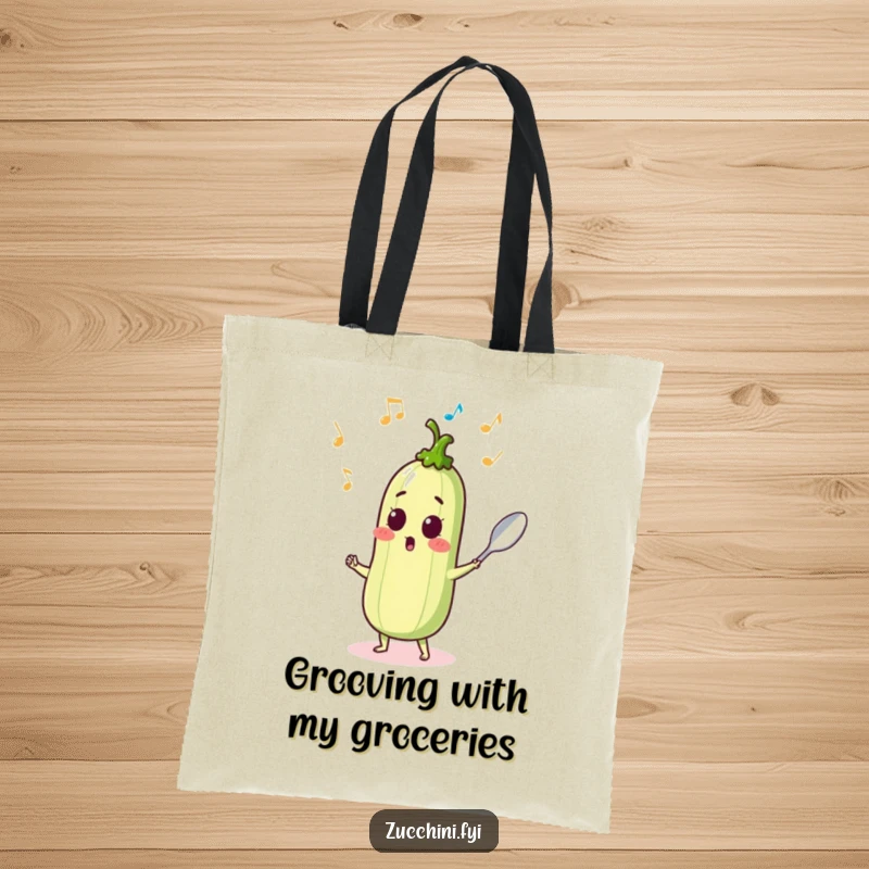 Funny surprised zucchini dancing with a spoon and musical notes, a musical and humorous tote bag.