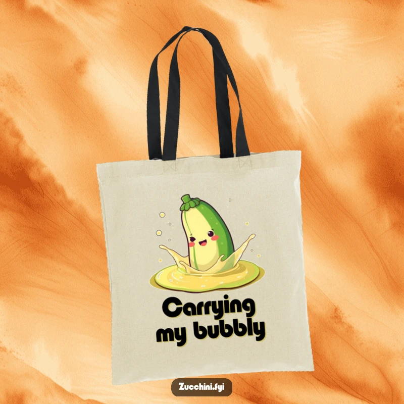 Funny tote bag depicting a happy zucchini joyfully splashing in a puddle of sparkling juice, a vibrant and cheerful accessory.