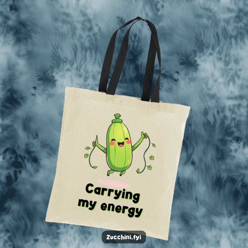Funny tote bag with a giggling zucchini character jumping rope with a vine, perfect for carrying essentials with a side of vegetable humor.