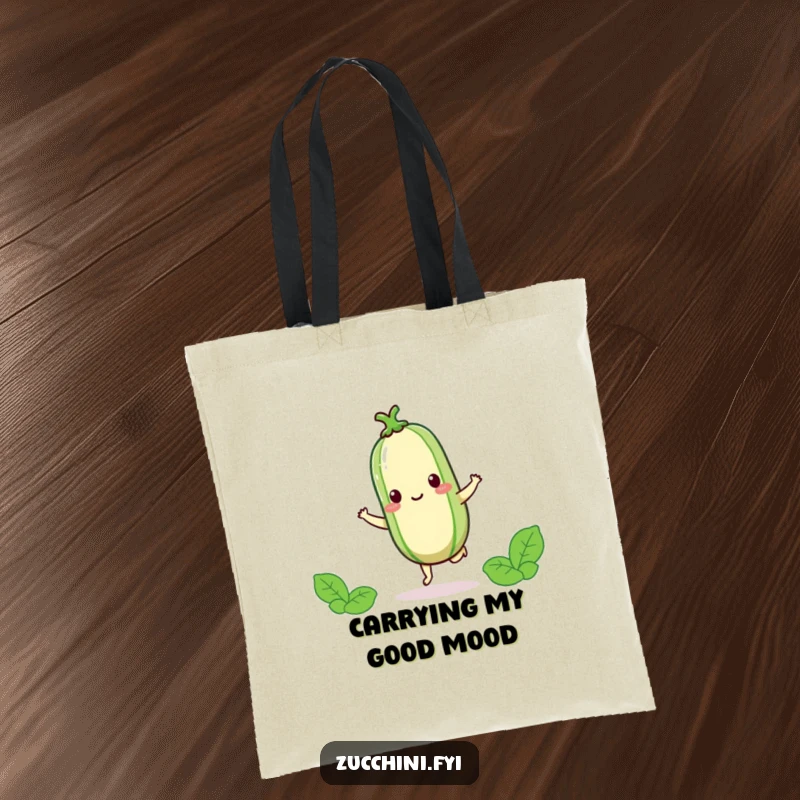 Funny kawaii zucchini hopping on one foot with pure joy, a cute and functional tote bag.