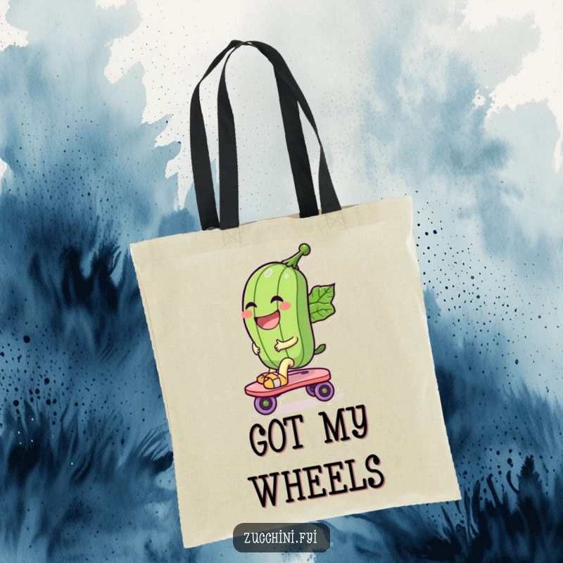 Funny tote bag with a laughing zucchini character riding a leaf roller skate, perfect for carrying essentials with a side of vegetable humor.