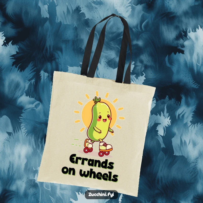 Funny zucchini on roller skates races past a cartoon sun on a practical and humorous tote bag.
