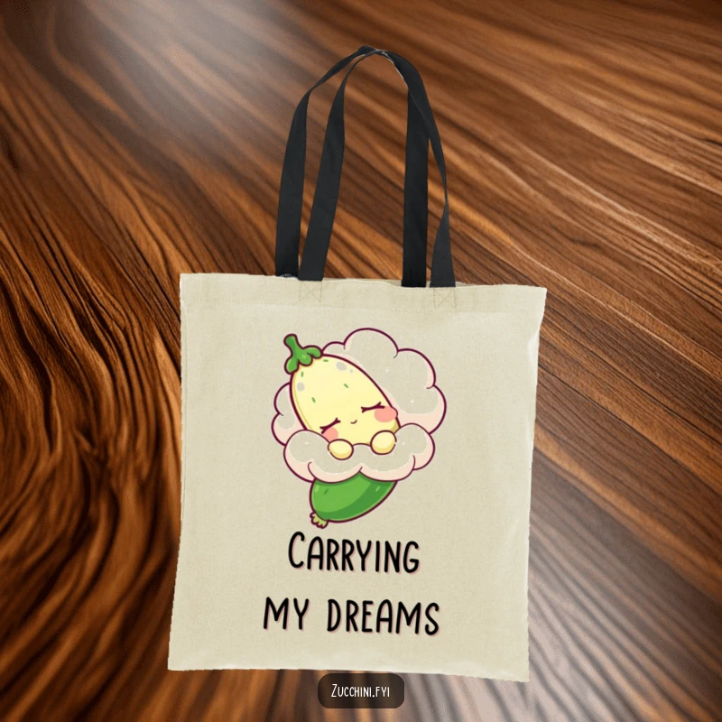 Funny sleepy zucchini tote bag depicting a drowsy zucchini floating on a cloud, perfect for carrying items with a humorous, dreamy vibe.