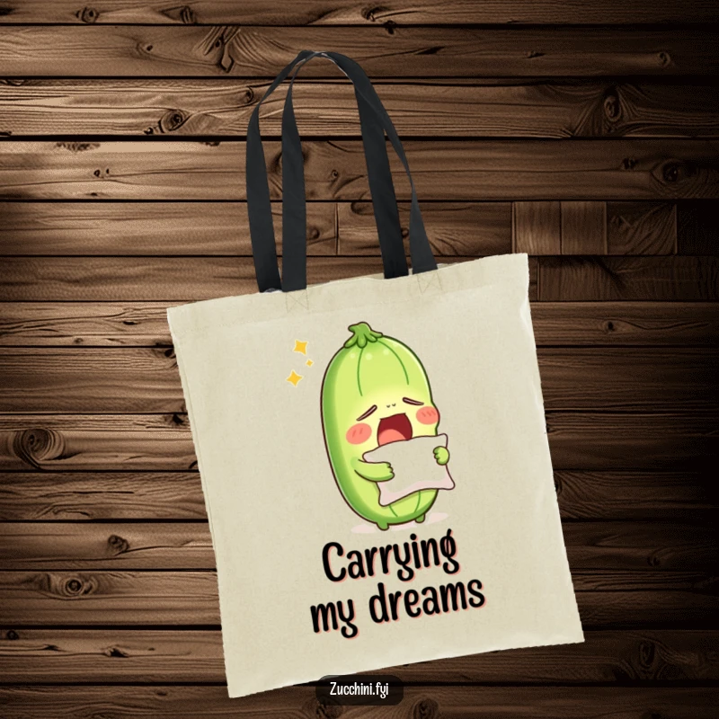 Funny sleepy zucchini yawning with a pillow, on a tote bag, showing a humorous, tired vegetable ready for a nap or errands.