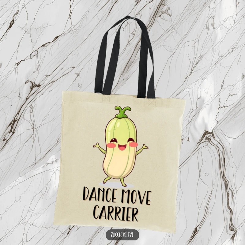 Funny tote bag featuring a giggling spiralized zucchini character busting a move in a silly dance, a vibrant and fun carry-all.