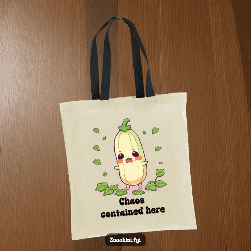Funny startled zucchini tote bag showing a shocked vegetable with leaves flying, great for carrying items with a humorous surprise.