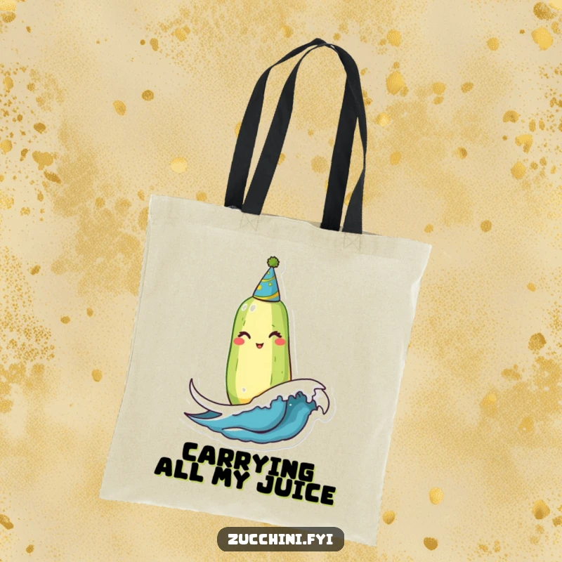 Funny Winking Zucchini Tote Bag: A happy zucchini in a party hat winks while riding a miniature wave, ideal for carrying humor and essentials.