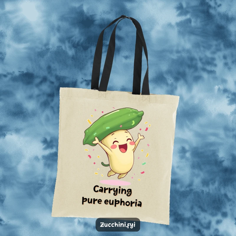 Funny zucchini tote bag with a joyful zucchini character leaping and showering confetti, ideal for carrying party supplies with humor.