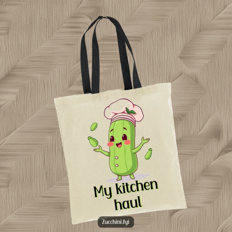 Funny tote bag illustrated with a zucchini in a chef hat, enthusiastically juggling tiny zucchinis, ideal for carrying groceries with a smile.