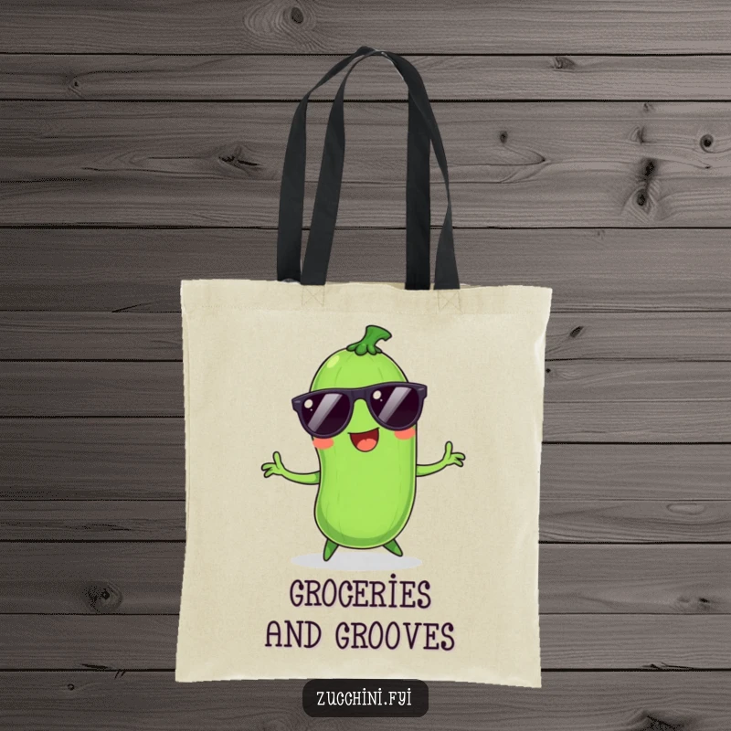 Funny Zucchini Tote Bag: Smiling vegetable wearing sunglasses, dancing, ideal for carrying items with a humorous, groovy flair.