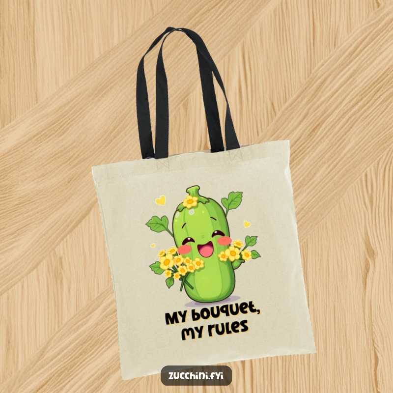 Funny tote bag featuring a zucchini in a silly pose with a bouquet of tiny zucchini flowers, great for shopping or gardening.