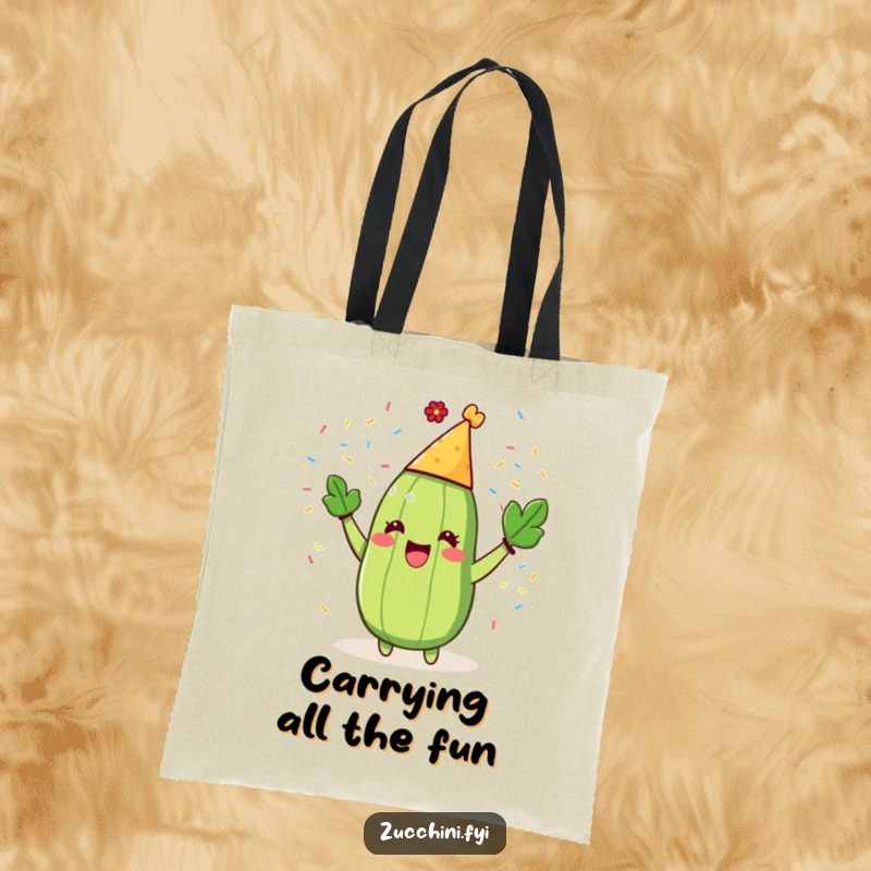 Funny Zucchini Party Tote Bag with a grinning zucchini in a party hat, tossing confetti enthusiastically.