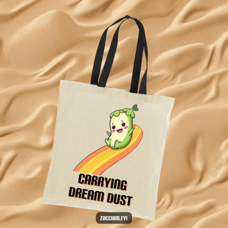Funny tote bag illustrated with a zucchini character joyfully sliding down a vibrant rainbow, ideal for carrying items with a magical touch.
