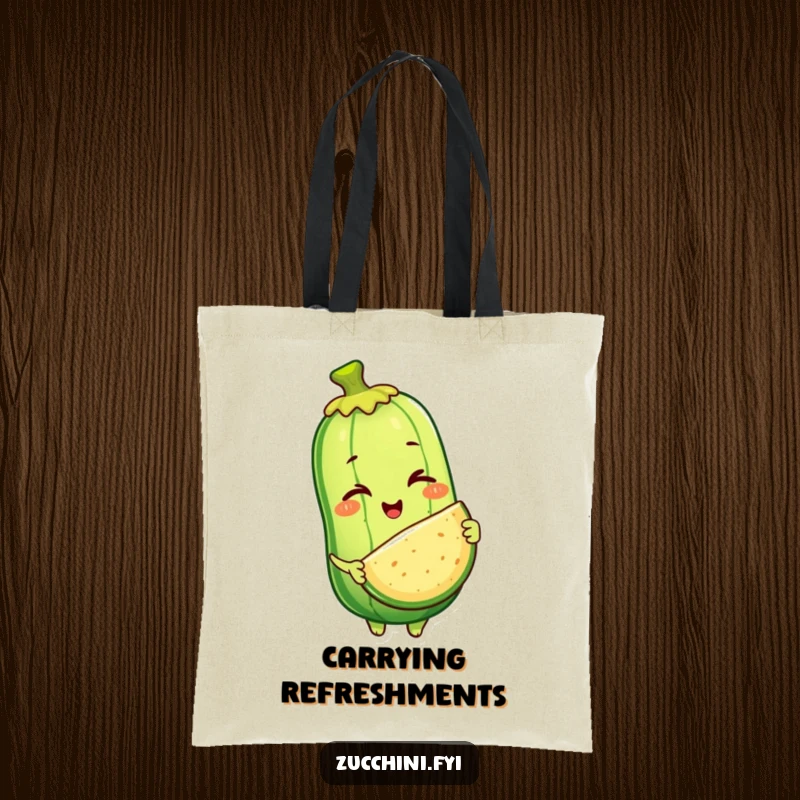 Funny tote bag with a winking anthropomorphic zucchini character offering a slice of itself, designed for carrying items with a humorous and generous flair.