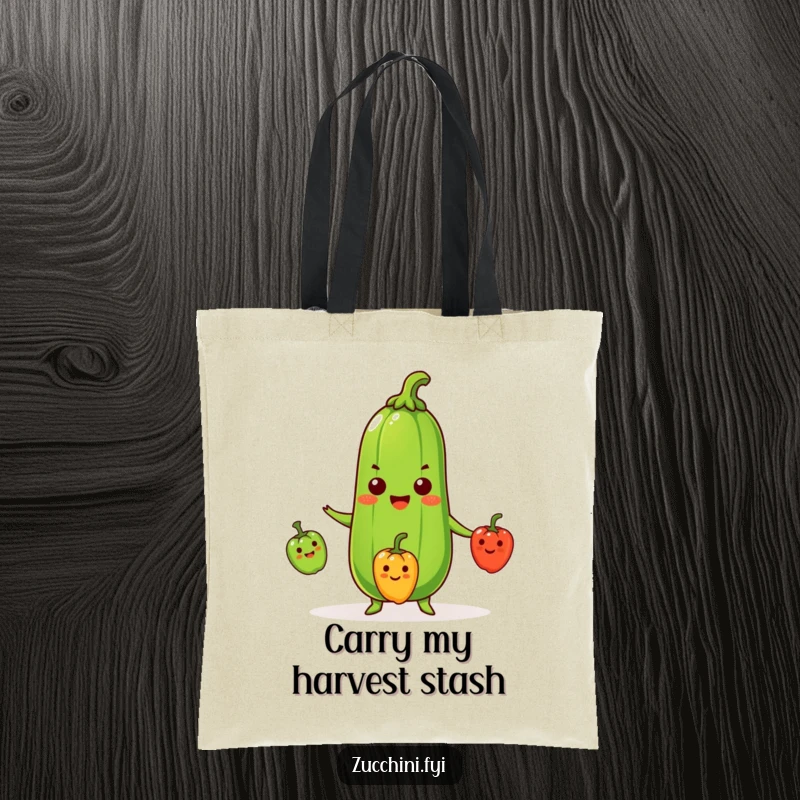 Funny Zucchini Tote Bag illustrating a beaming zucchini expertly juggling three small, smiling peppers, ideal for carrying essentials with humor.