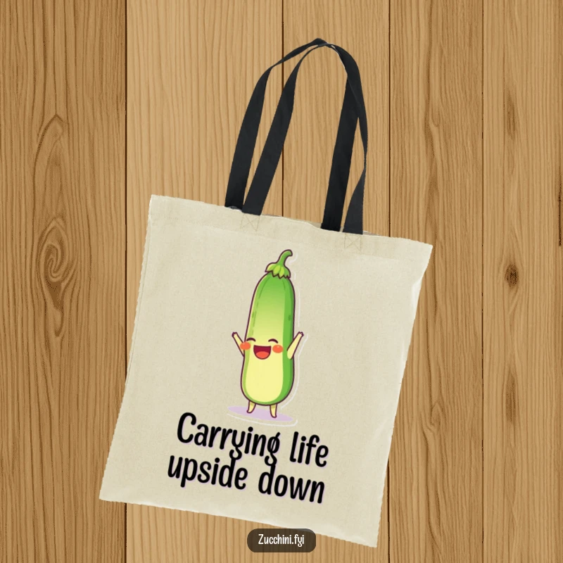 Funny tote bag with a laughing zucchini doing a handstand, a humorous and practical companion for everyday use.