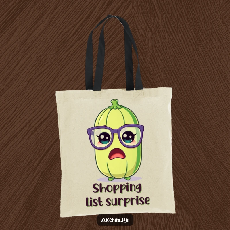 Funny Zucchini Tote Bag featuring a shocked cartoon zucchini wearing oversized, silly glasses, ideal for carrying items with humorous flair.
